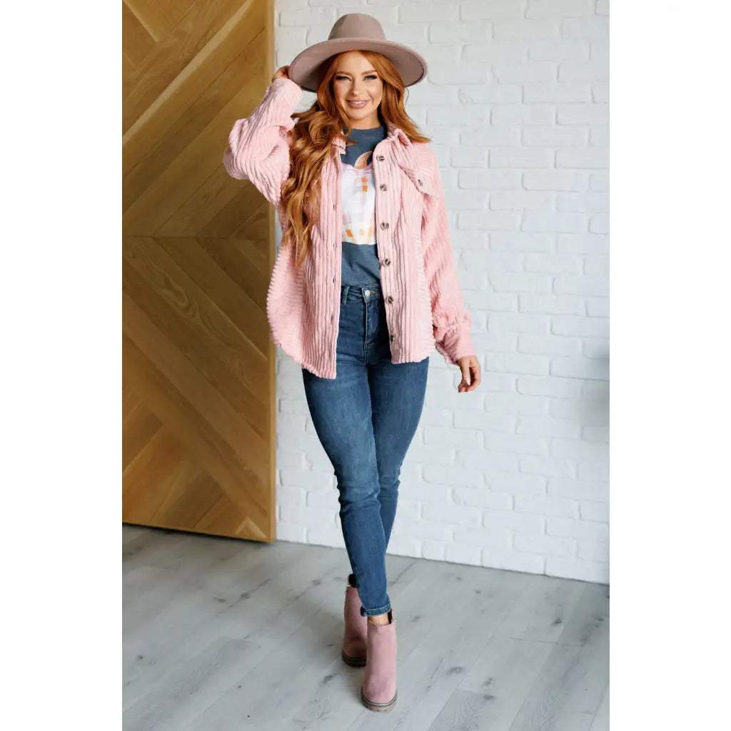 Our Blush Pink Soft Corduroy Shacket is sure to be your new go for layering style! The wide ribbed corduroy detail