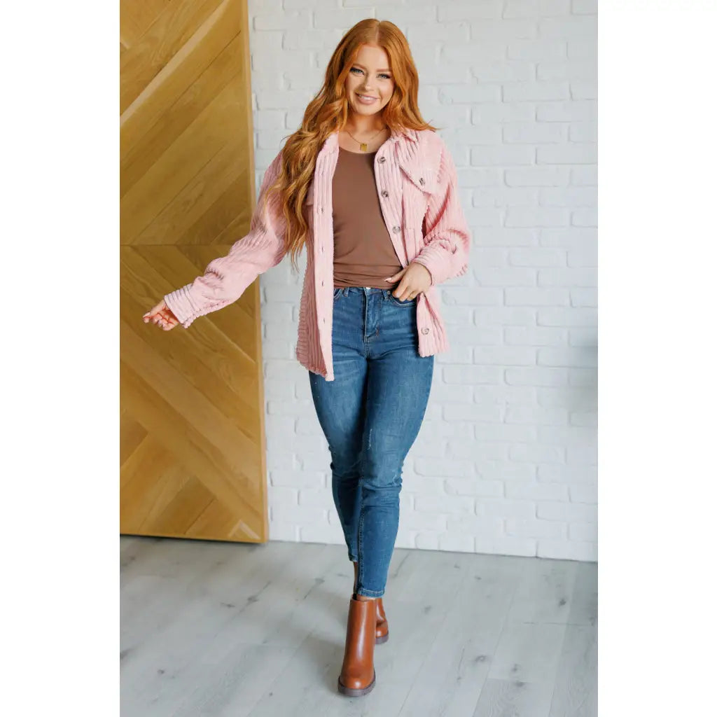 Our Blush Pink Soft Corduroy Shacket is sure to be your new go-to for layering style! The wide ribbed corduroy detail
