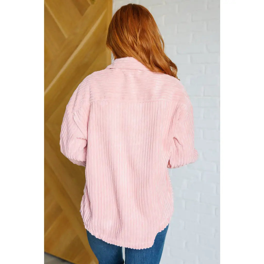 Our Blush Pink Soft Corduroy Shacket is sure to be your new go for layering style! The wide ribbed corduroy detail