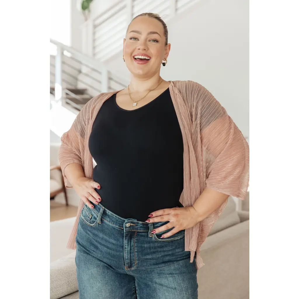 Perfect for party time our Blushing Beige Sheer Kimono is crafted of sheer accordion fabric with lurex thread accents