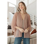 Perfect for party time our Blushing Beige Sheer Kimono is crafted of sheer accordion fabric with lurex thread accents