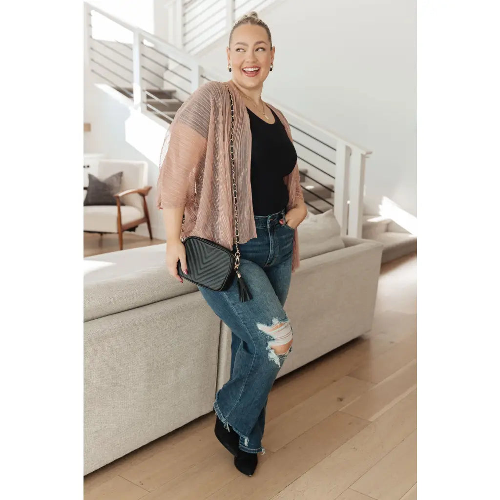 Perfect for party time our Blushing Beige Sheer Kimono is crafted of sheer accordion fabric with lurex thread accents