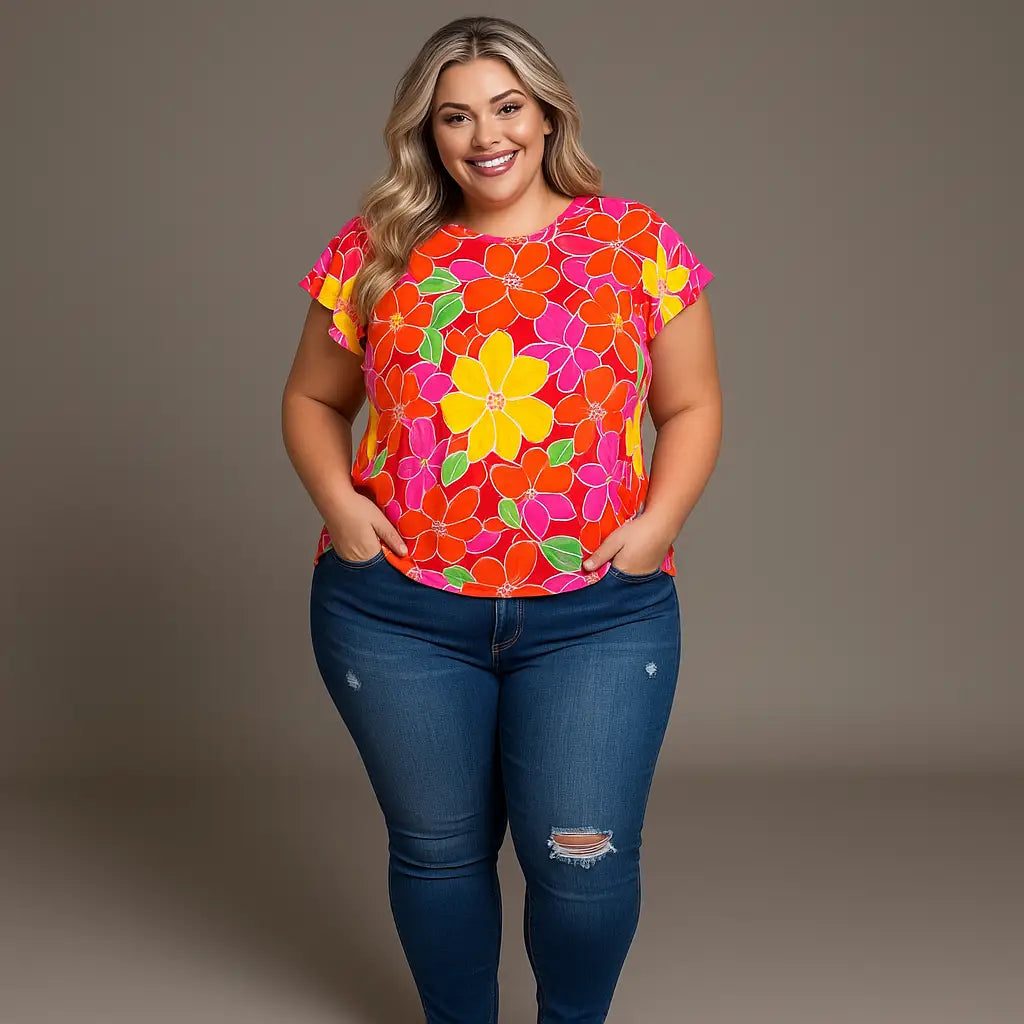 The Bold in Bloom plus size top features soft knit fabric flutter sleeves and a floral print that flatters. Sweet comfy