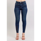 Dark wash Skinny Judy Blue jeans with boot stitch embroidery and high rise fit—chic comfy made to flatter every shape.