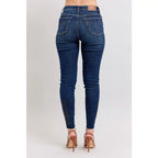 Dark wash Skinny Judy Blue jeans with boot stitch embroidery and high rise fit—chic comfy made to flatter every shape.
