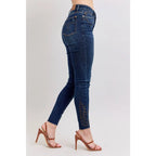 Dark wash Skinny Judy Blue jeans with boot stitch embroidery and high rise fit—chic comfy made to flatter every shape.