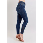 Dark wash Skinny Judy Blue jeans with boot stitch embroidery and high rise fit—chic comfy made to flatter every shape.