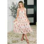 Romantic floral tiered midi dress with adjustable straps in cream. Available plus sizes. Lightweight breezy and perfect