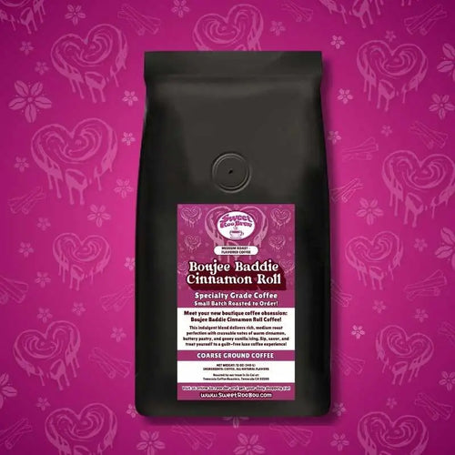 Boujee Baddie Cinnamon Roll Coffee – a medium roast small-batch coffee with cinnamon buttery pastry and vanilla icing