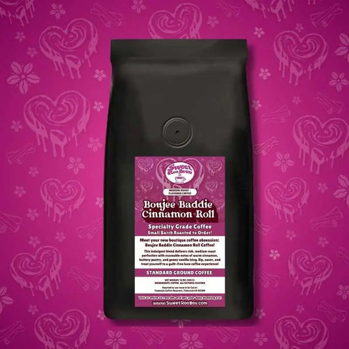 Boujee Baddie Cinnamon Roll Coffee – a medium roast small-batch coffee with cinnamon buttery pastry and vanilla icing
