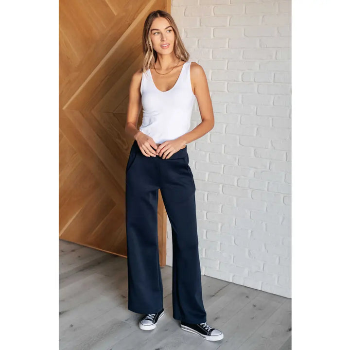 Boujee Basic Travel Wide Leg Pants in Navy - Athleisure