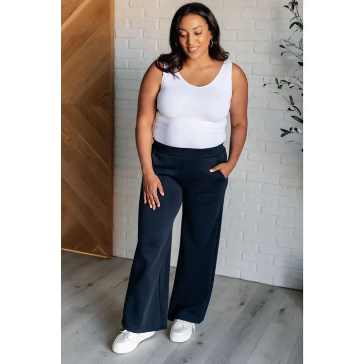 Boujee Basic Travel Wide Leg Pants in Navy - Athleisure