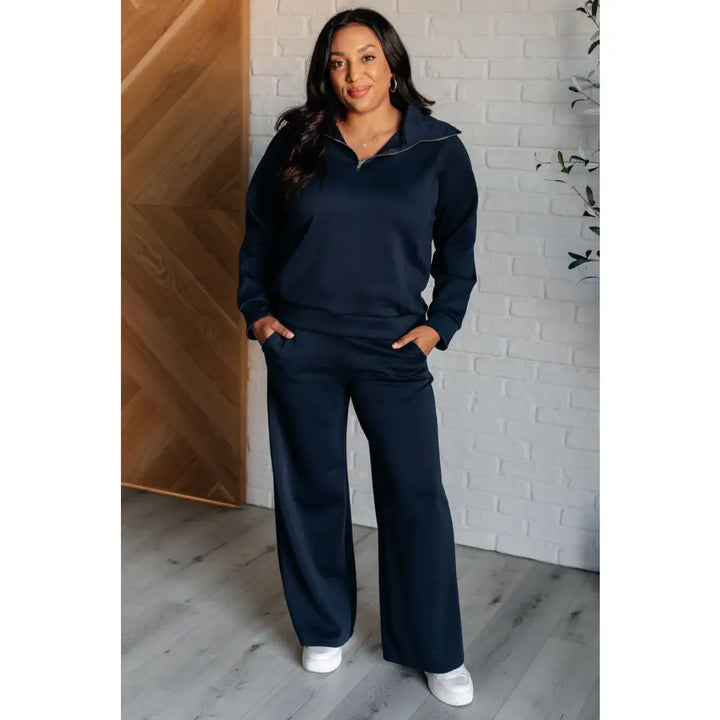 Boujee Basic Travel Wide Leg Pants in Navy - Athleisure