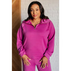 Stay stylish on the go with our Boujee Basic Travel Zip Pullover in Magenta. Wrinkle-resistant cozy and available plus