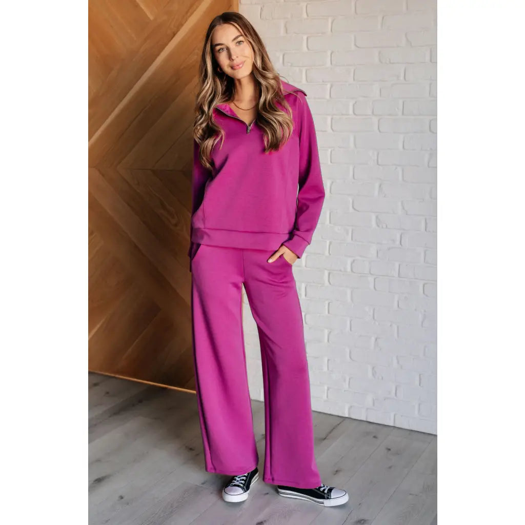 Stay stylish on the go with our Boujee Basic Travel Zip Pullover in Magenta. Wrinkle-resistant cozy and available plus