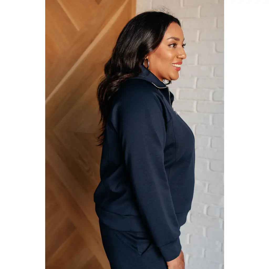 Our Boujee Basic Travel Zip Pullover in Navy will help you stay comfortable and stylish on your travel days! The soft