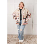 Sherpa fleece shacket with brushed Aztec fabric in cream taupe blush & charcoal. Cozy boutique layering essential. Plus
