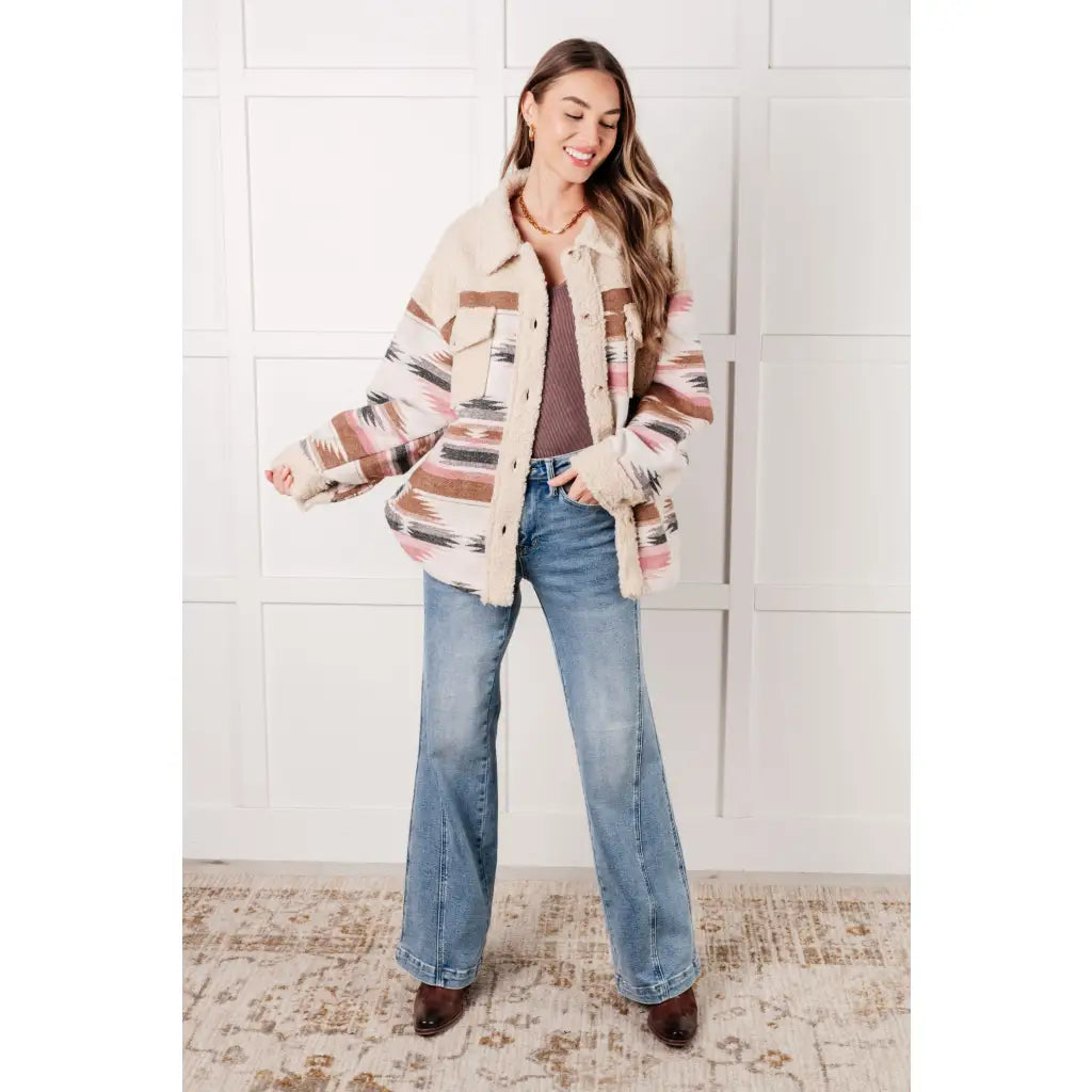 Sherpa fleece shacket with brushed Aztec fabric in cream taupe blush & charcoal. Cozy boutique layering essential. Plus