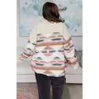 Sherpa fleece shacket with brushed Aztec fabric in cream taupe blush & charcoal. Cozy boutique layering essential. Plus