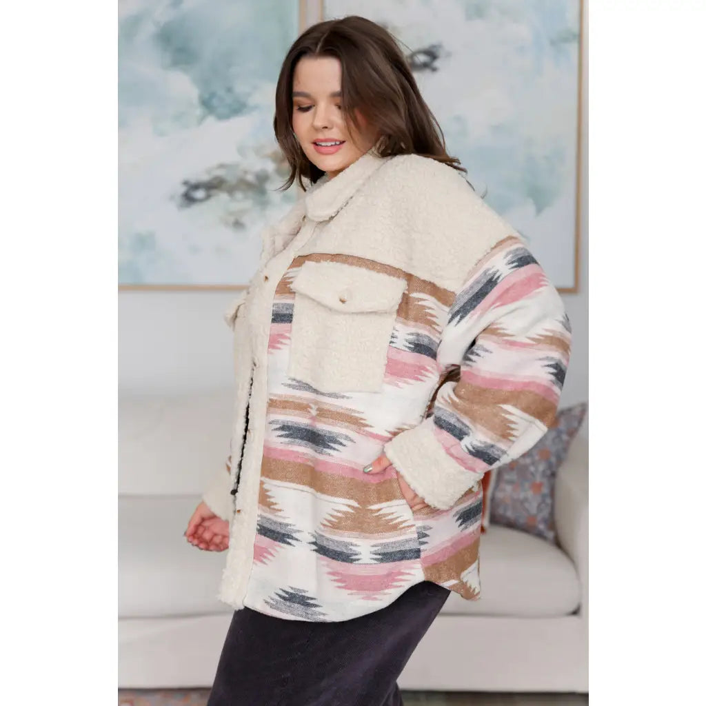 Sherpa fleece shacket with brushed Aztec fabric in cream taupe blush & charcoal. Cozy boutique layering essential. Plus
