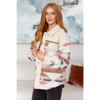 Sherpa fleece shacket with brushed Aztec fabric in cream taupe blush & charcoal. Cozy boutique layering essential. Plus