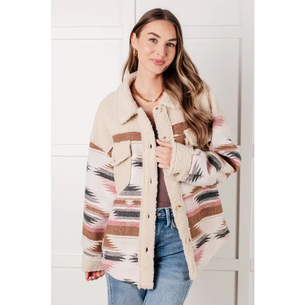 Sherpa fleece shacket with brushed Aztec fabric in cream taupe blush & charcoal. Cozy boutique layering essential. Plus