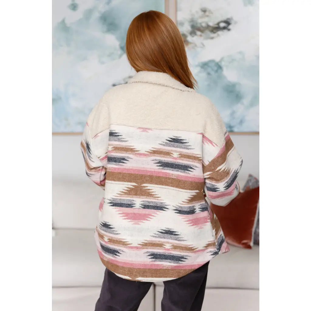 Sherpa fleece shacket with brushed Aztec fabric in cream taupe blush & charcoal. Cozy boutique layering essential. Plus