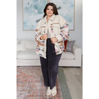 Sherpa fleece shacket with brushed Aztec fabric in cream taupe blush & charcoal. Cozy boutique layering essential. Plus