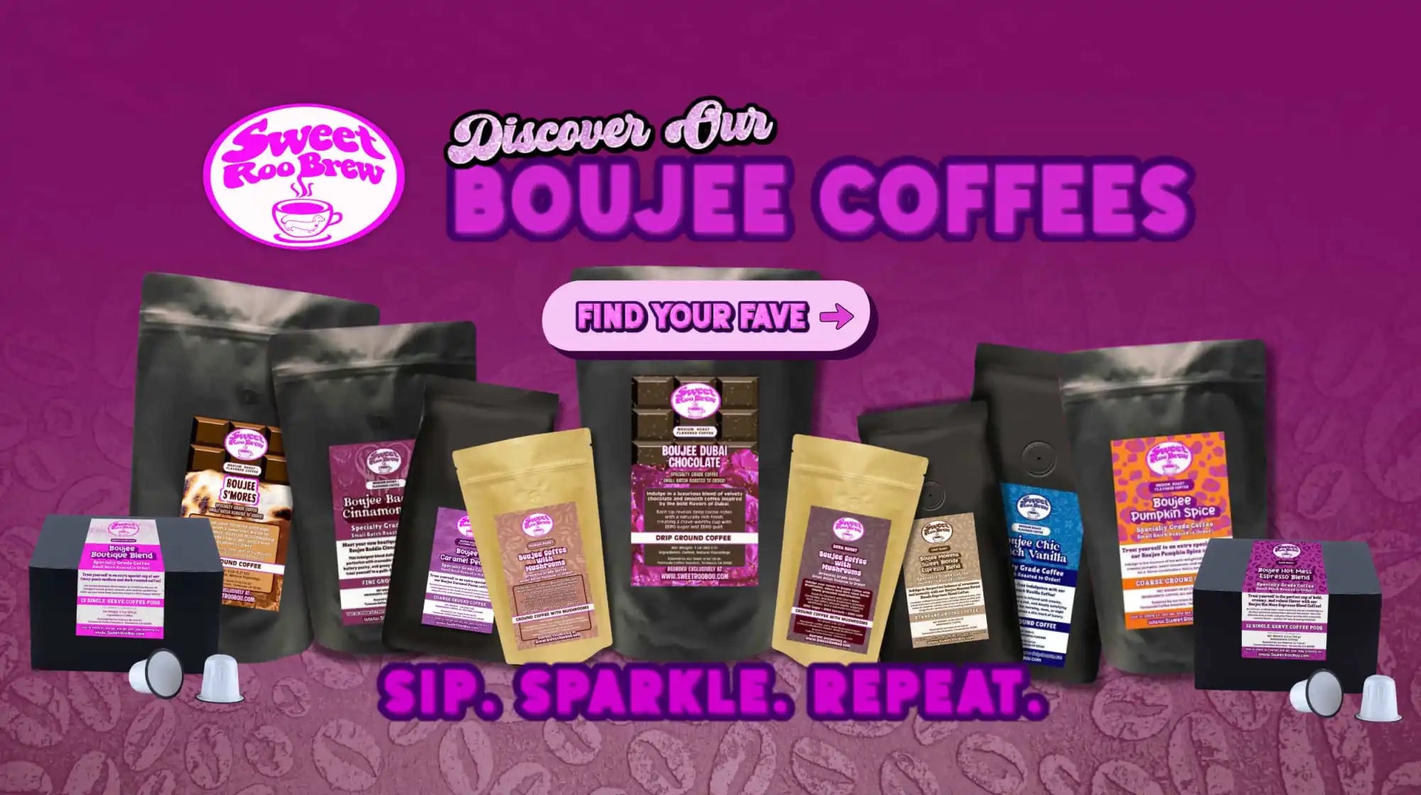 Boujee coffee assortment pack with various flavors and packaging designs, featuring a purple background.