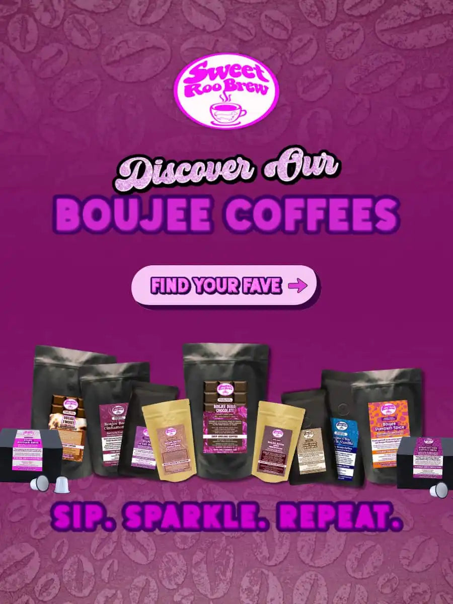 Boujee coffee bag collection with vibrant purple and black packaging, featuring various blends in sleek pouches.