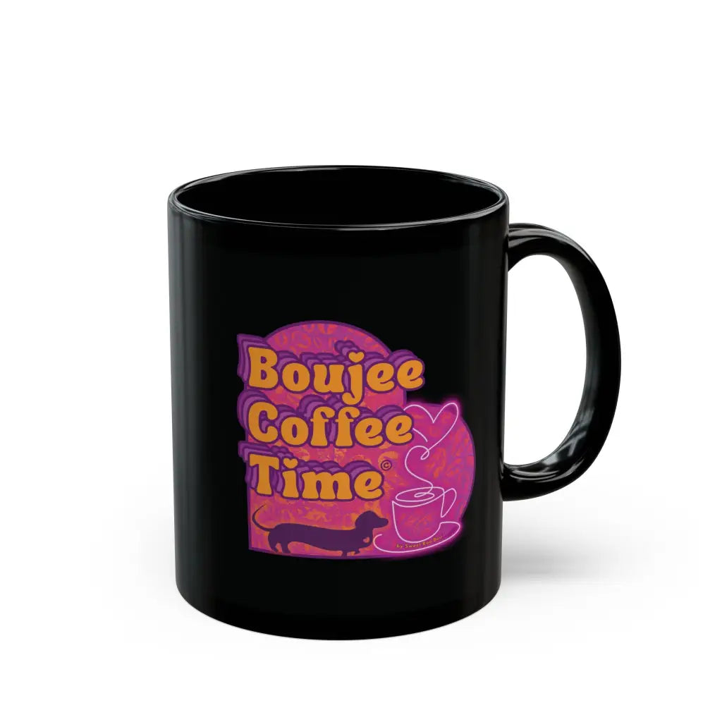 Bold black mug with Boujee Coffee Time™ neon design. Available in 11 oz and 15 sizes. A glam ceramic gift