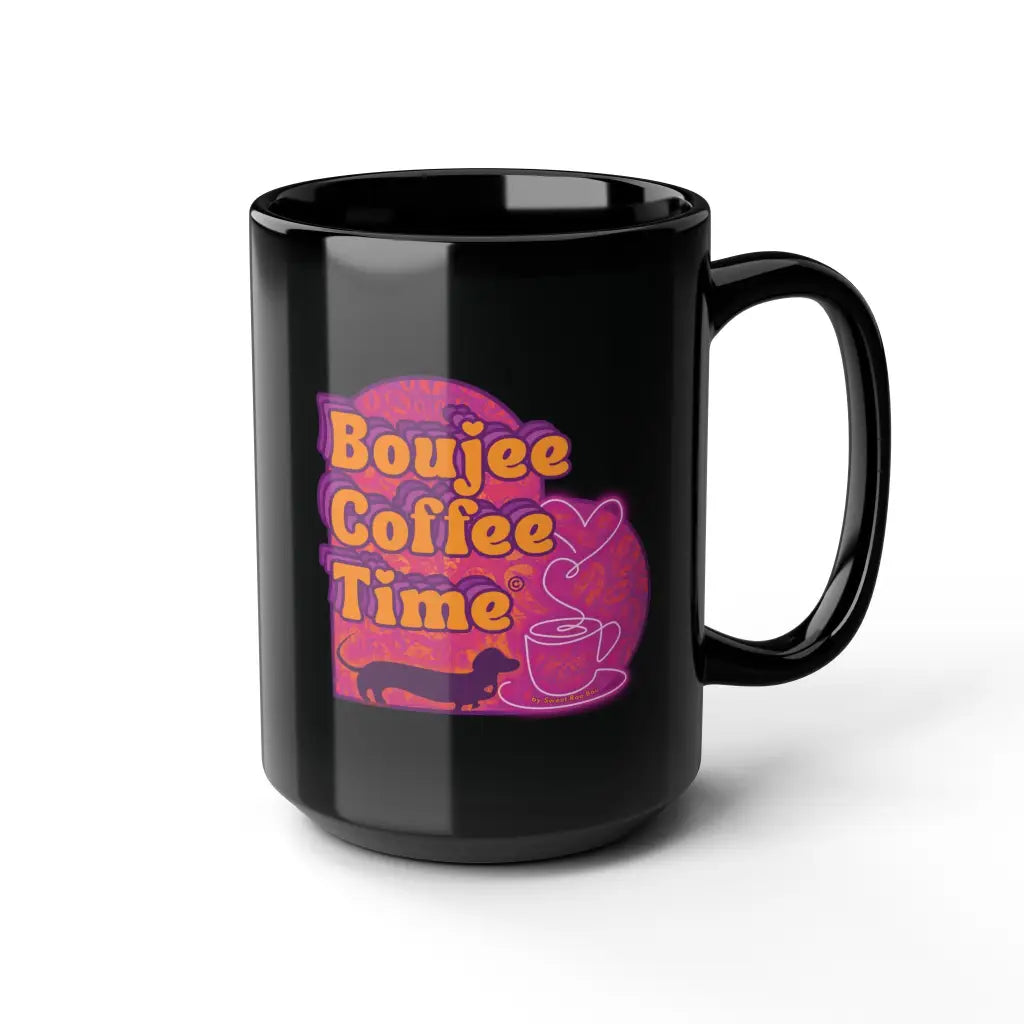 Bold black mug with Boujee Coffee Time™ neon design. Available in 11 oz and 15 sizes. A glam ceramic gift