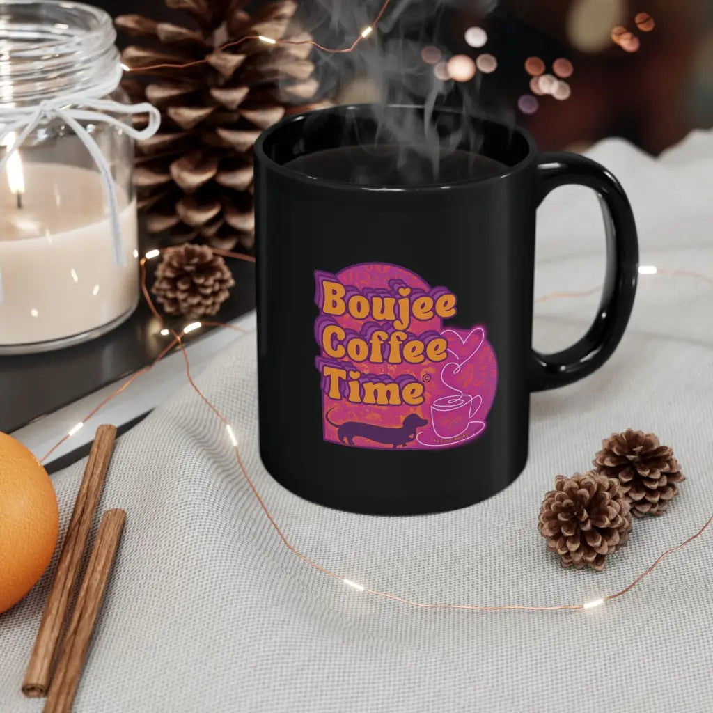Bold black mug with Boujee Coffee Time™ neon design. Available in 11 oz and 15 sizes. A glam ceramic gift