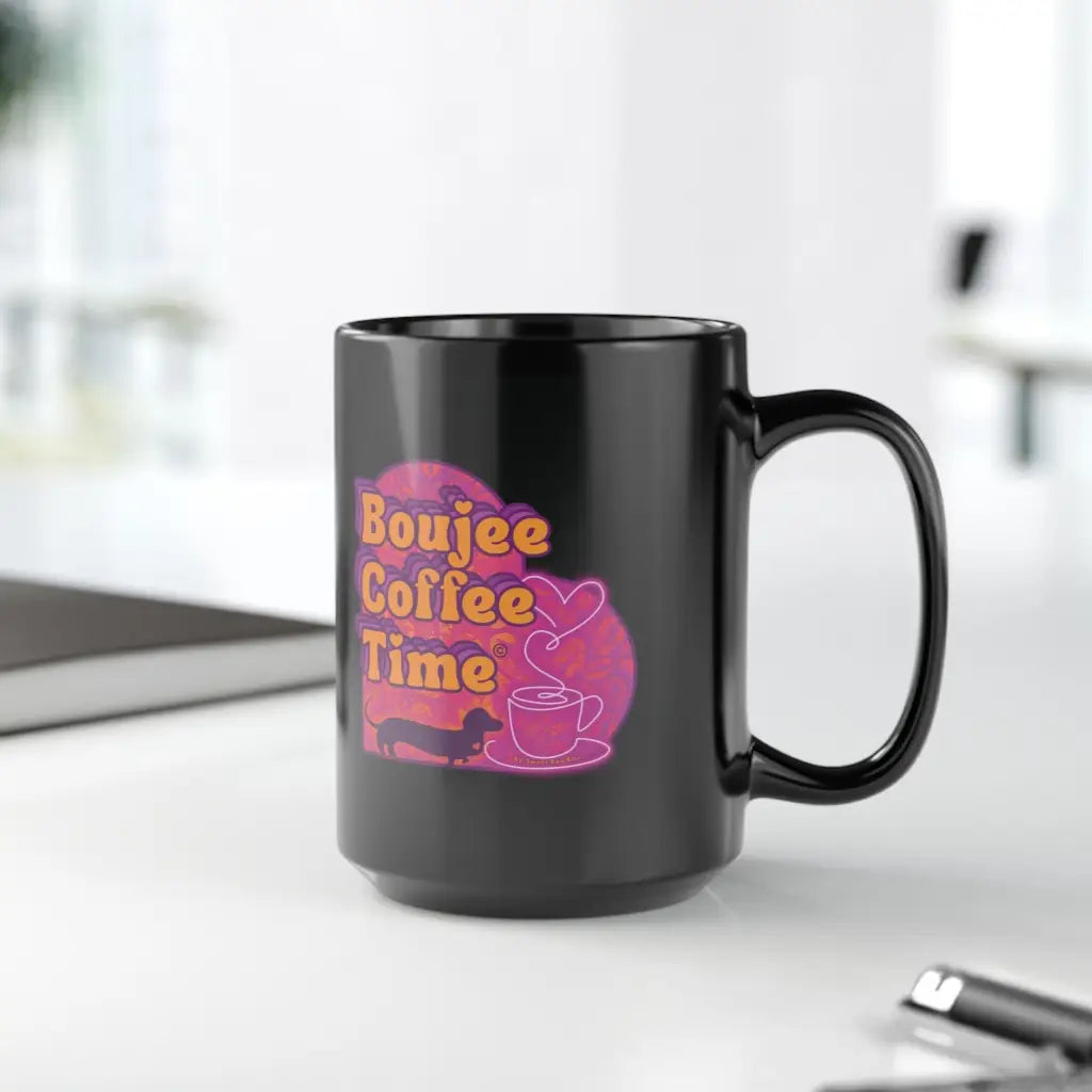 Bold black mug with Boujee Coffee Time™ neon design. Available in 11 oz and 15 sizes. A glam ceramic gift