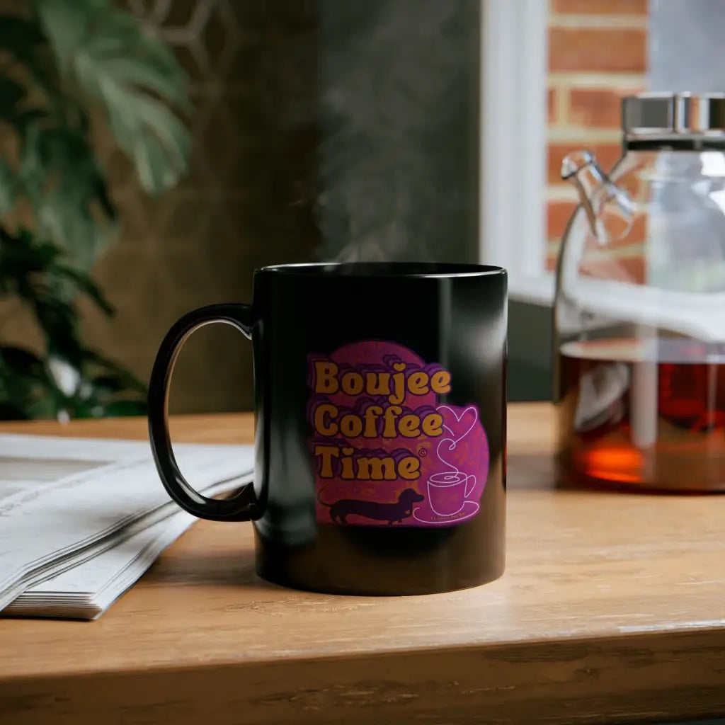 Bold black mug with Boujee Coffee Time™ neon design. Available in 11 oz and 15 sizes. A glam ceramic gift