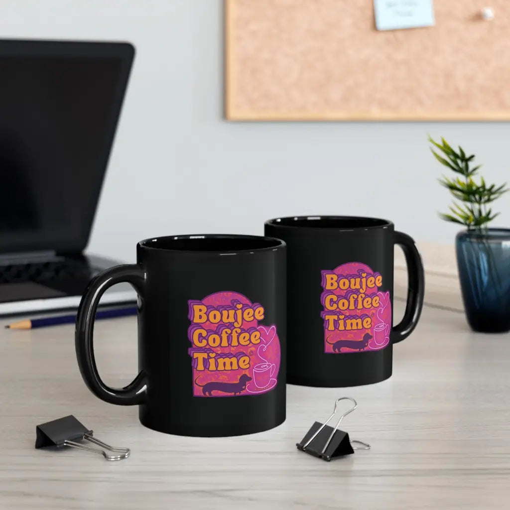 Bold black mug with Boujee Coffee Time™ neon design. Available in 11 oz and 15 sizes. A glam ceramic gift