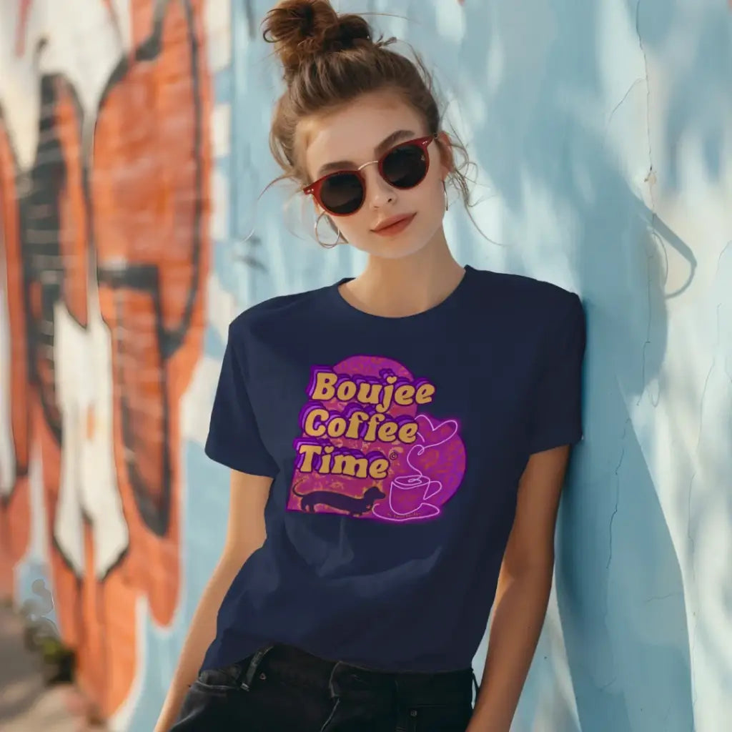 The Boujee Coffee Time© Crew Neck Ladies Tee by Sweet Roo Bou features Roxy in a boutique design made for coffee