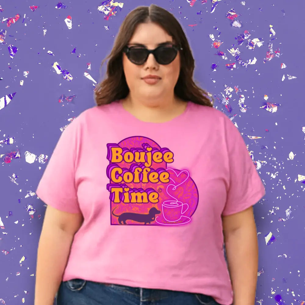 The Boujee Coffee Time© Crew Neck Ladies Tee by Sweet Roo Bou features Roxy in a boutique design made for coffee