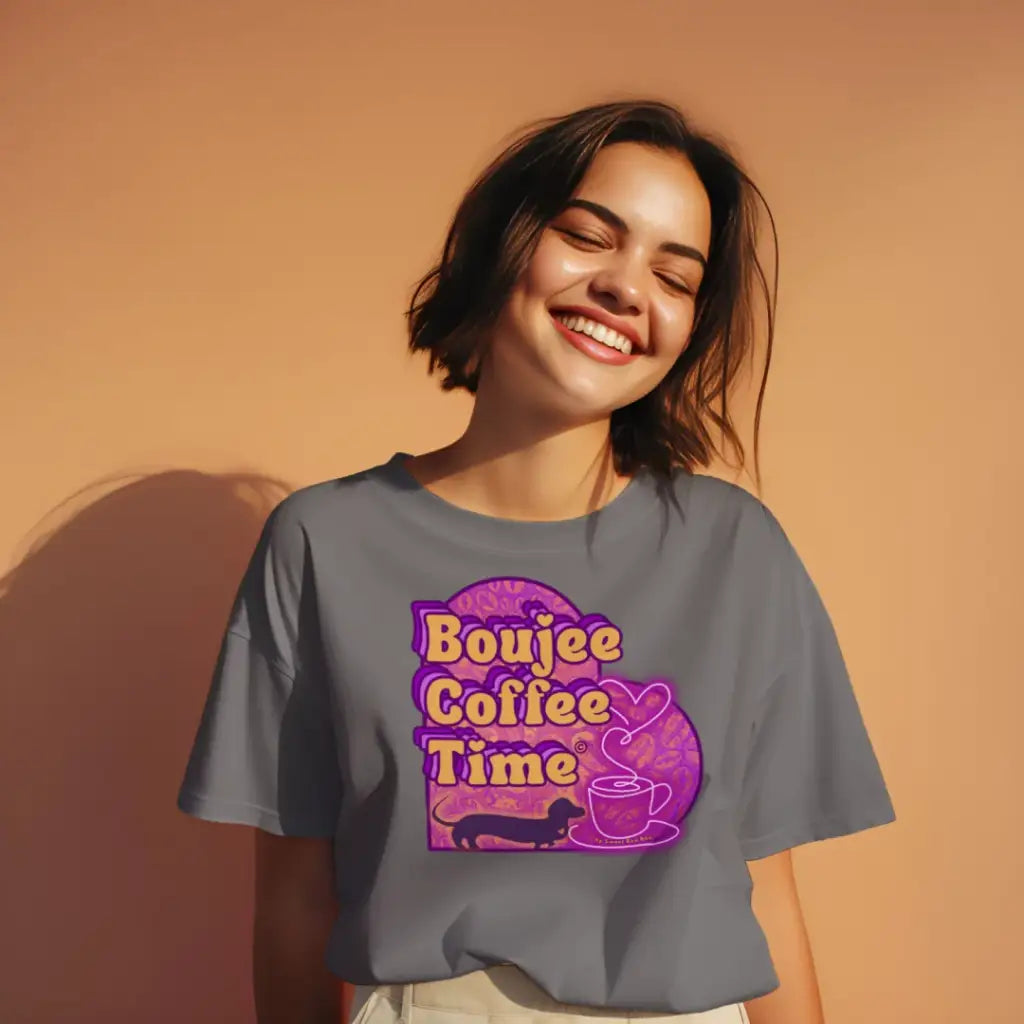 The Boujee Coffee Time© Crew Neck Ladies Tee by Sweet Roo Bou features Roxy in a boutique design made for coffee