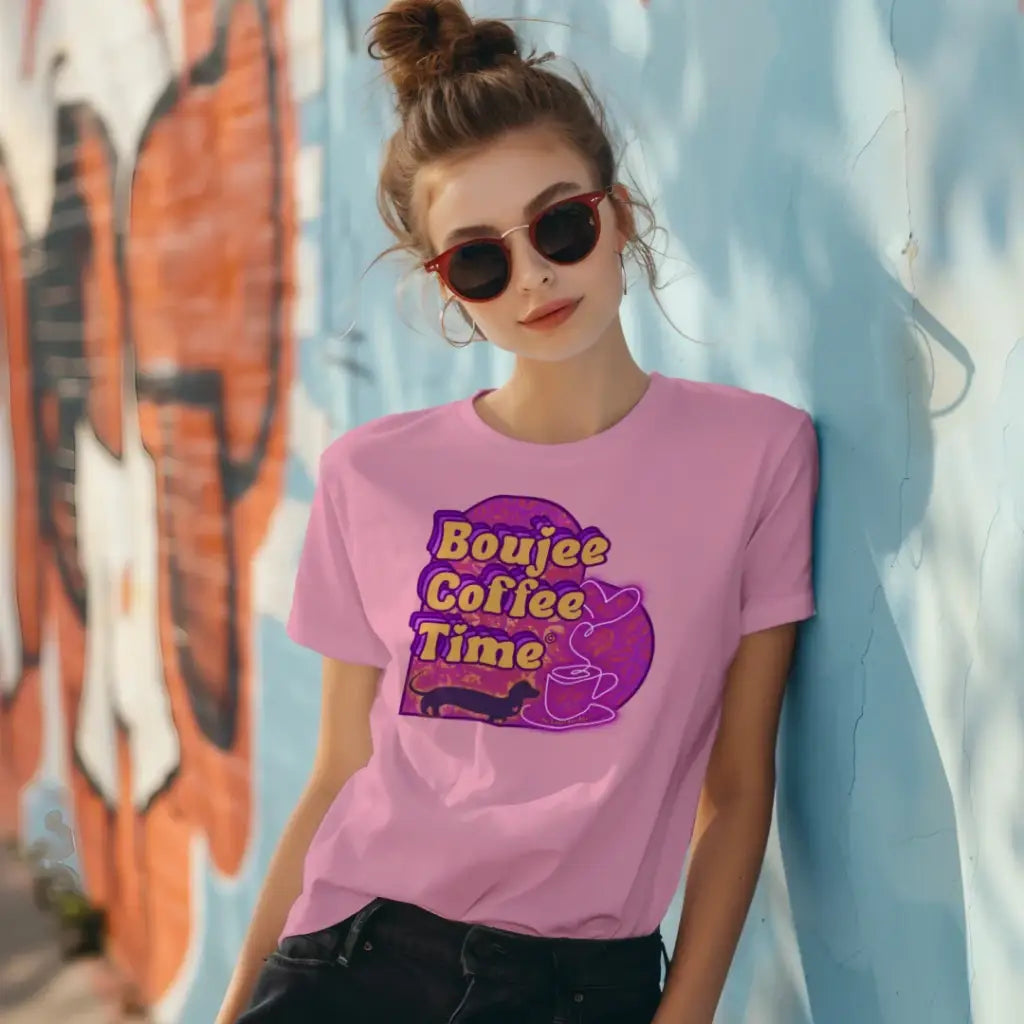 The Boujee Coffee Time© Crew Neck Ladies Tee by Sweet Roo Bou features Roxy in a boutique design made for coffee