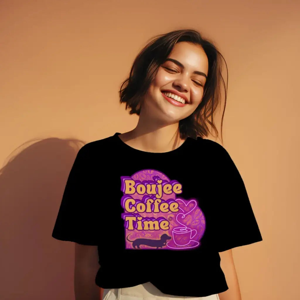 The Boujee Coffee Time© Crew Neck Ladies Tee by Sweet Roo Bou features Roxy in a boutique design made for coffee