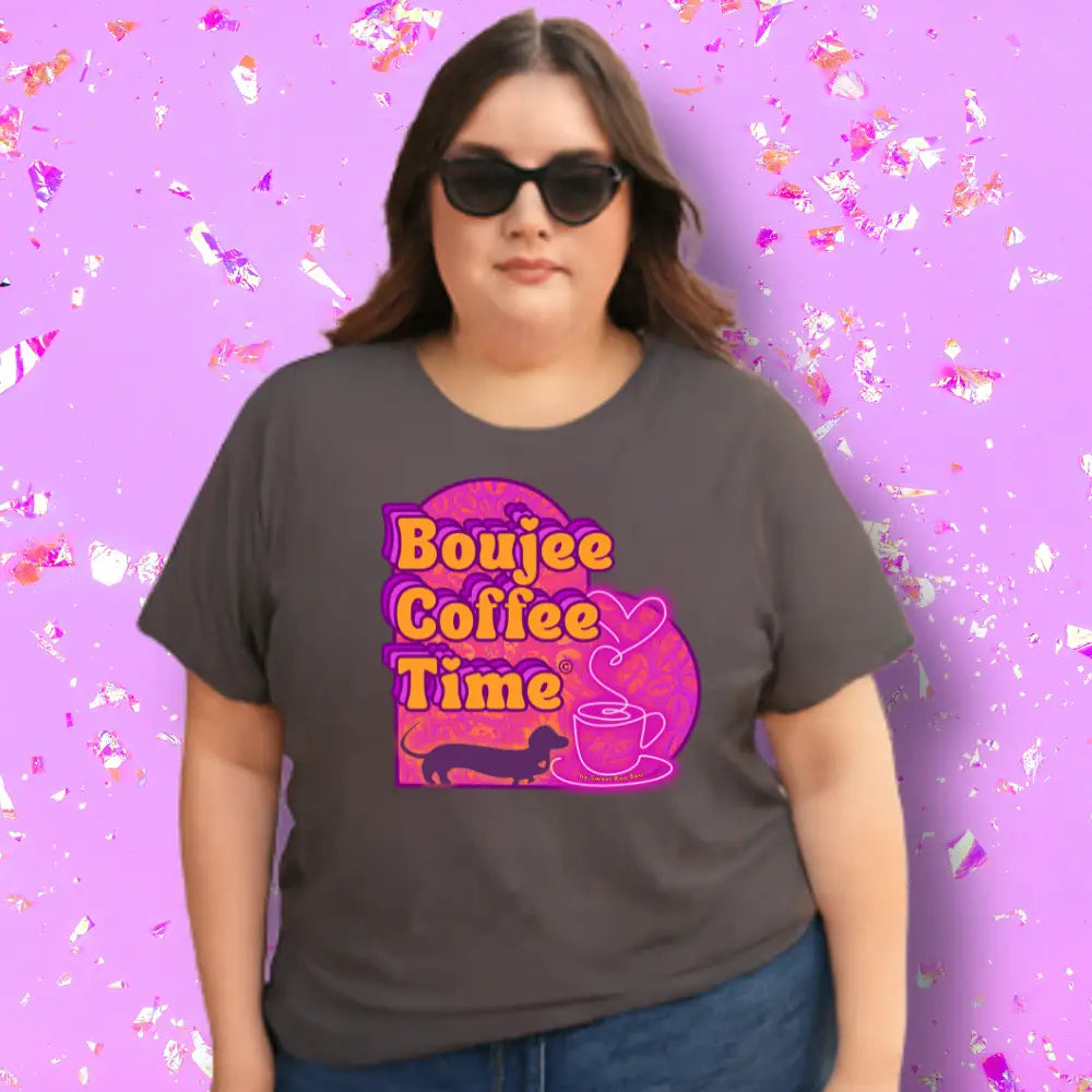 The Boujee Coffee Time© Crew Neck Ladies Tee by Sweet Roo Bou features Roxy in a boutique design made for coffee