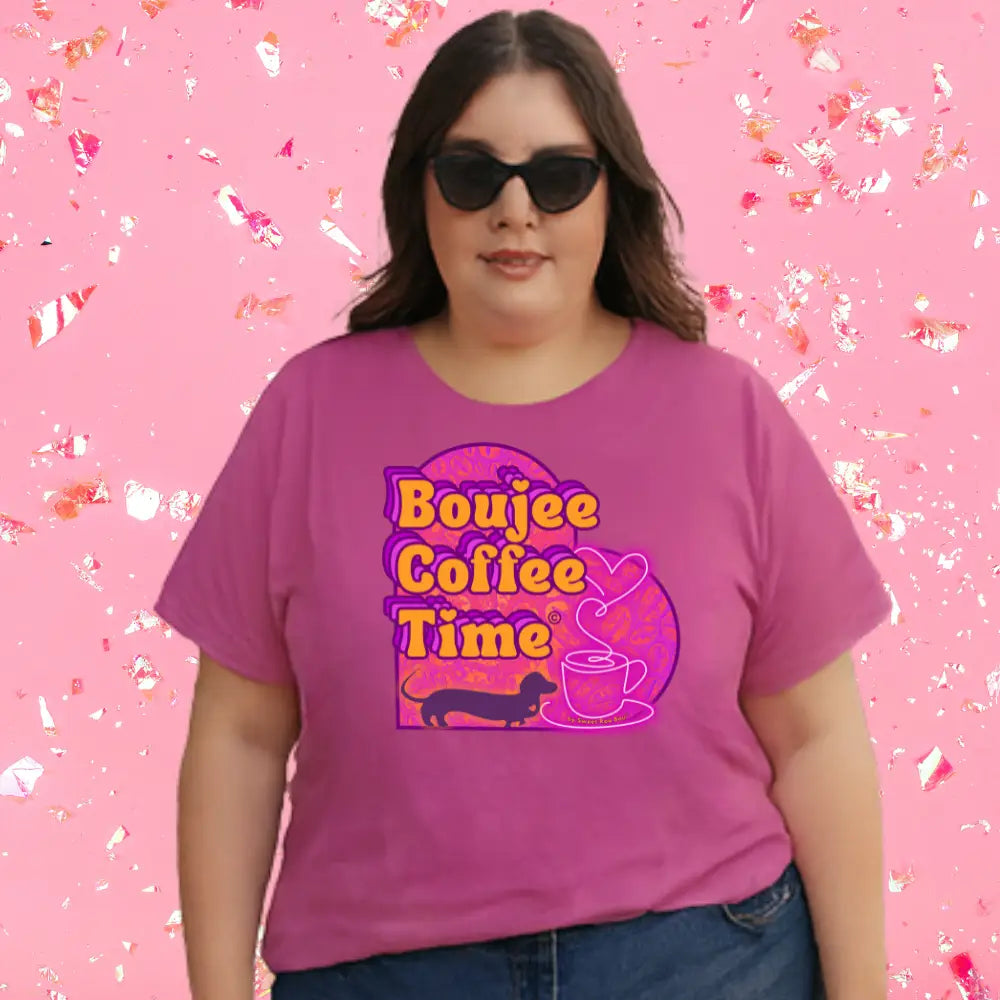 The Boujee Coffee Time© Crew Neck Ladies Tee by Sweet Roo Bou features Roxy in a boutique design made for coffee