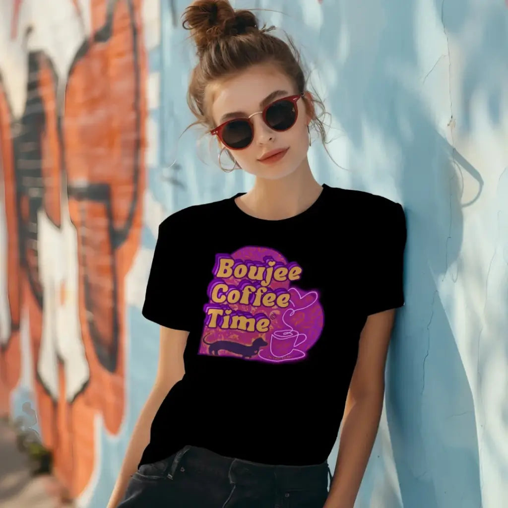 The Boujee Coffee Time© Crew Neck Ladies Tee by Sweet Roo Bou features Roxy in a boutique design made for coffee