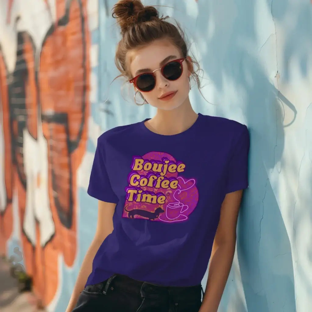 The Boujee Coffee Time© Crew Neck Ladies Tee by Sweet Roo Bou features Roxy in a boutique design made for coffee