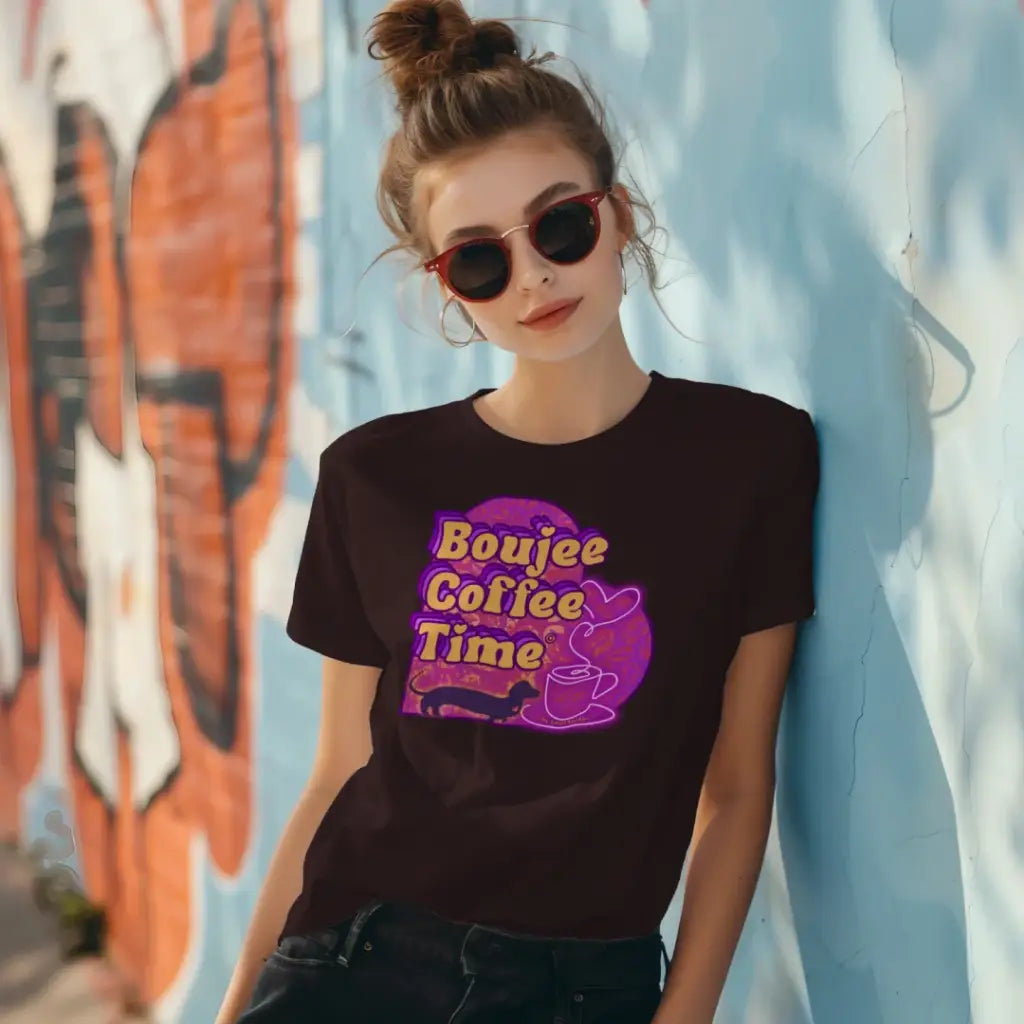 The Boujee Coffee Time© Crew Neck Ladies Tee by Sweet Roo Bou features Roxy in a boutique design made for coffee