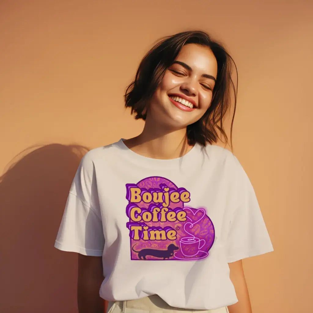 The Boujee Coffee Time© Crew Neck Ladies Tee by Sweet Roo Bou features Roxy in a boutique design made for coffee