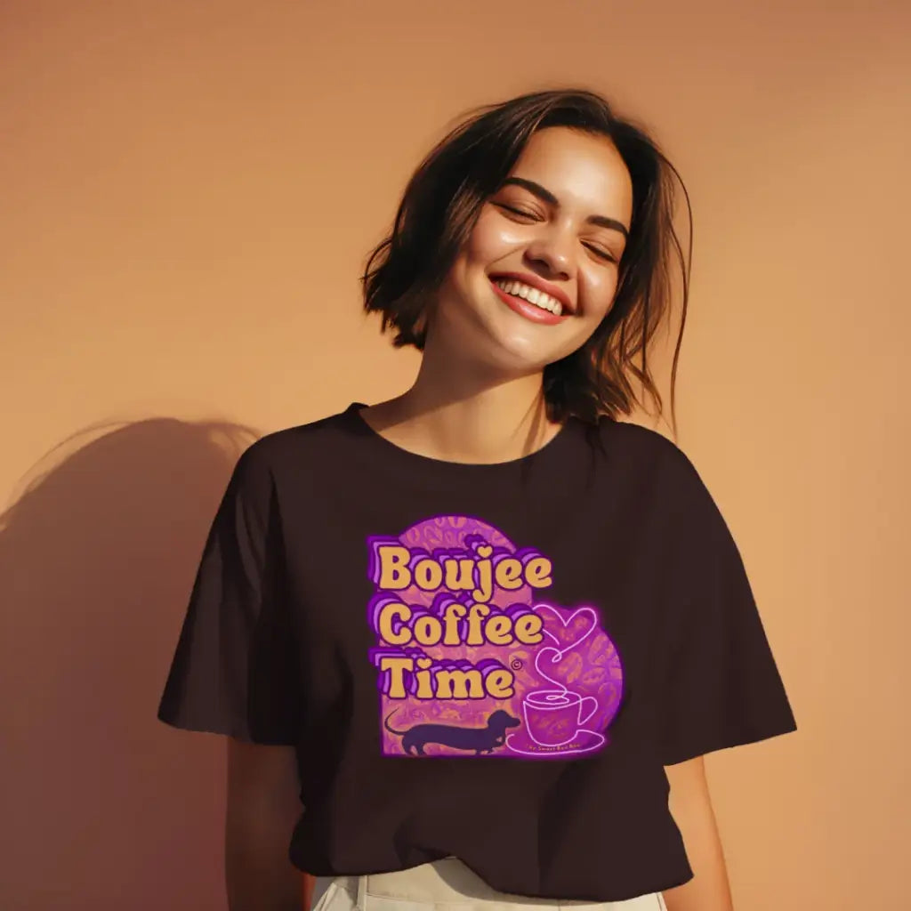 The Boujee Coffee Time© Crew Neck Ladies Tee by Sweet Roo Bou features Roxy in a boutique design made for coffee