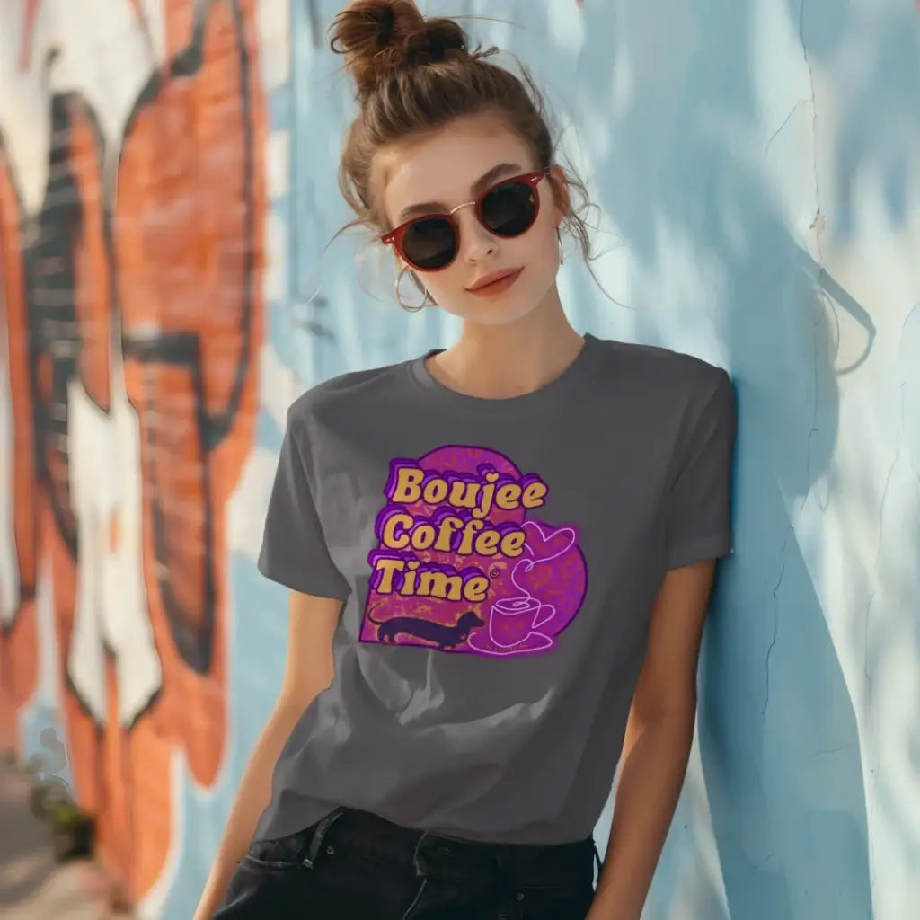 The Boujee Coffee Time© Crew Neck Ladies Tee by Sweet Roo Bou features Roxy in a boutique design made for coffee