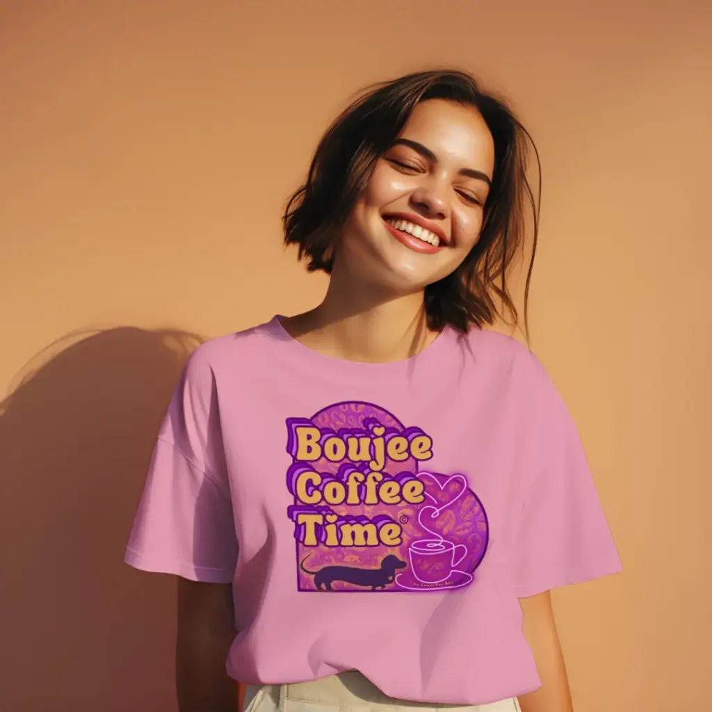 The Boujee Coffee Time© Crew Neck Ladies Tee by Sweet Roo Bou features Roxy in a boutique design made for coffee